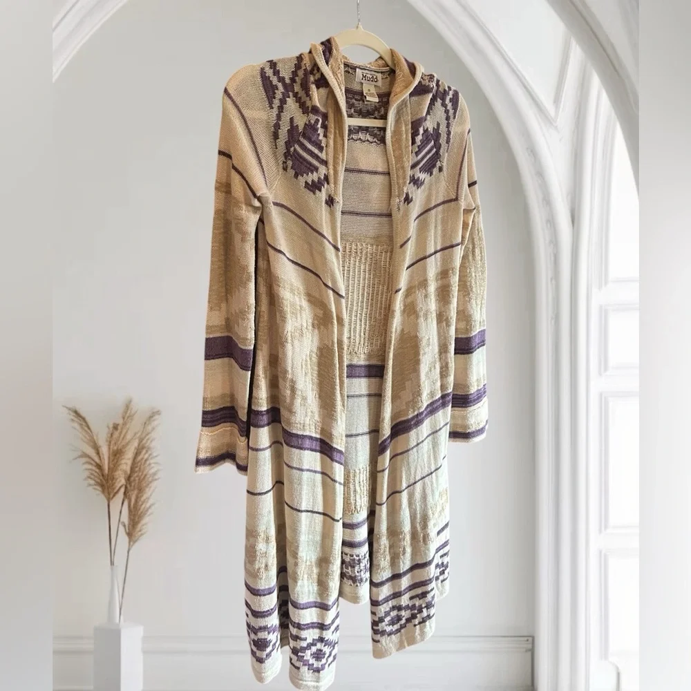 VINTAGE Y2K MUDD Long Duster Cardigan Aztec Print Hooded Sweater‎ S